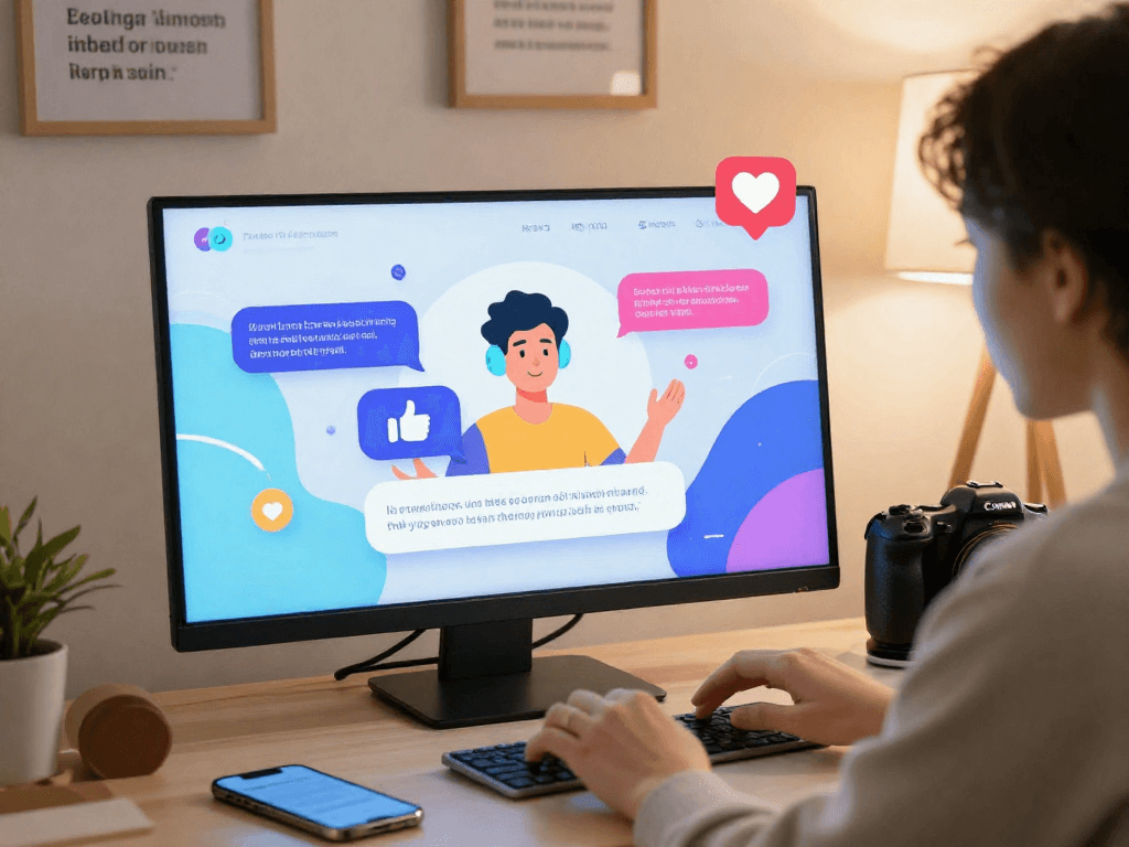 Engaging digital chat scene with user interacting with sluts ai character, vibrant interface and supportive workspace.