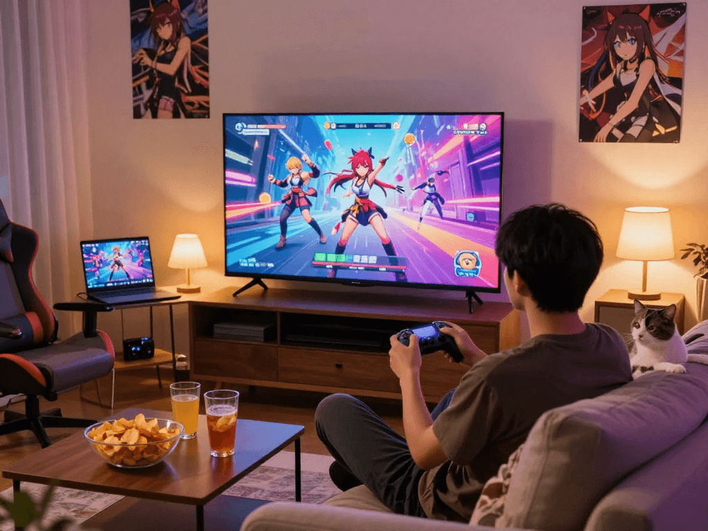 Engrossed player enjoying a hentai game in a cozy living room, featuring colorful animations and snacks.