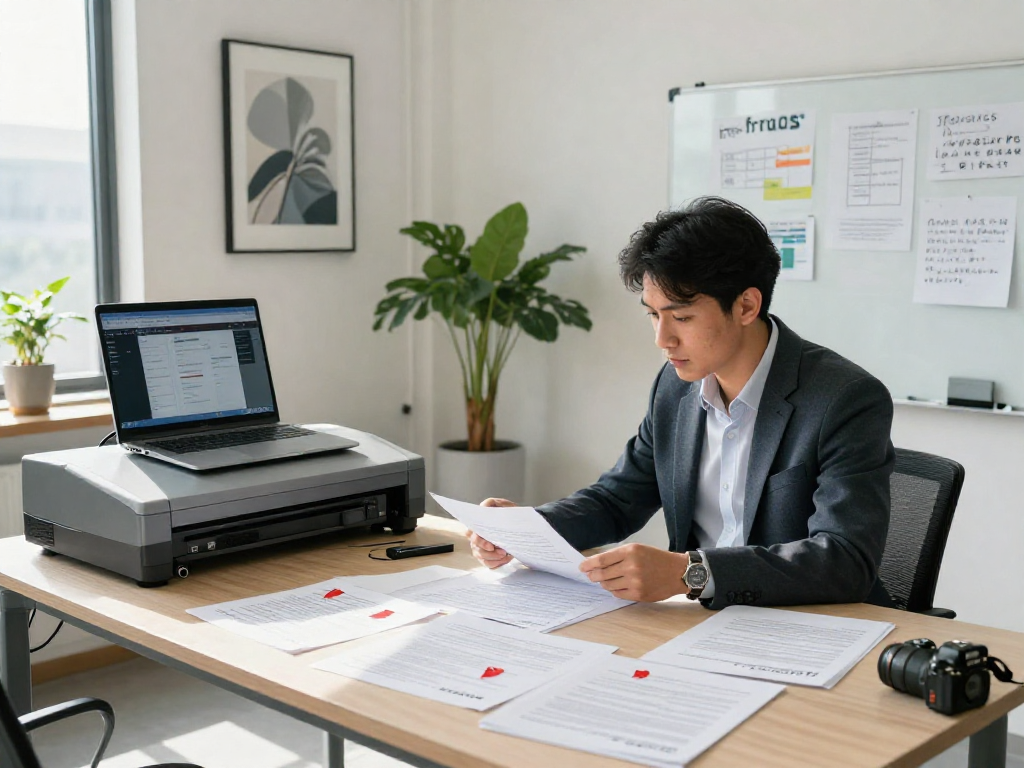 Analyst examining documents for document fraud detection in a modern office setting, highlighting advanced detection tools and analytical processes.