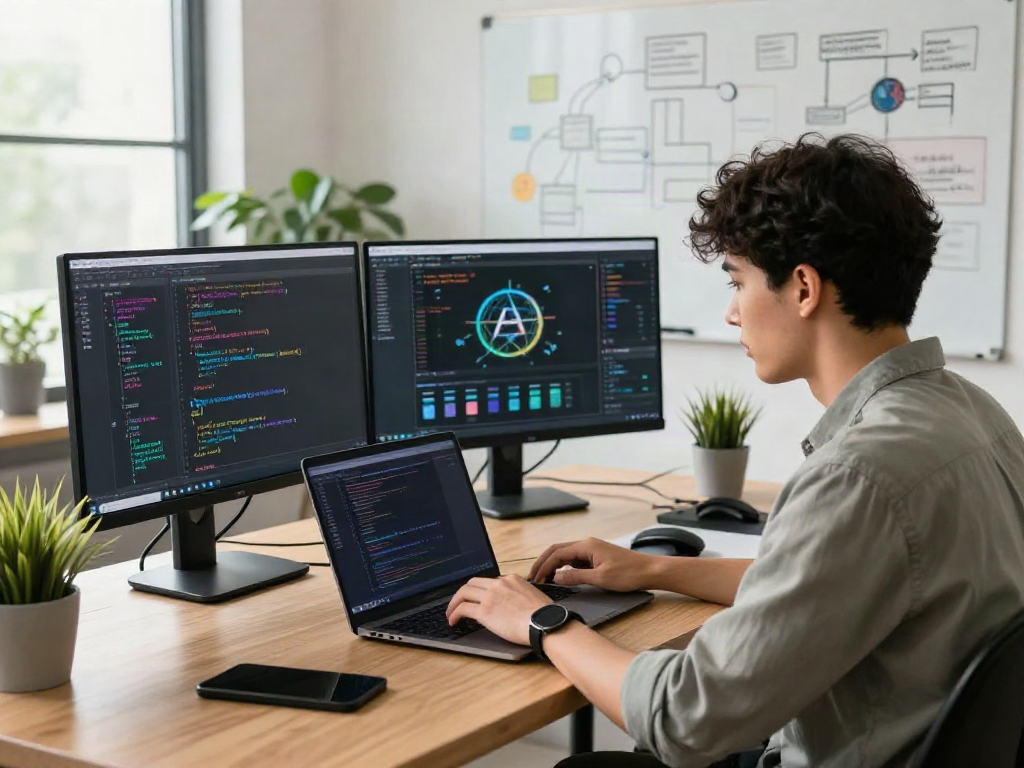Creating AI gf solutions in a modern office setting with diverse tech elements and coding visuals.