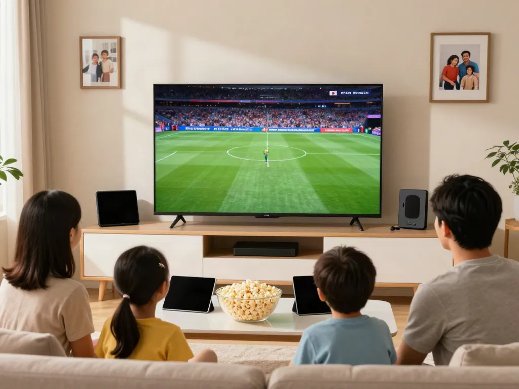 Family enjoying abbonamento IPTV in a cozy living room with devices.