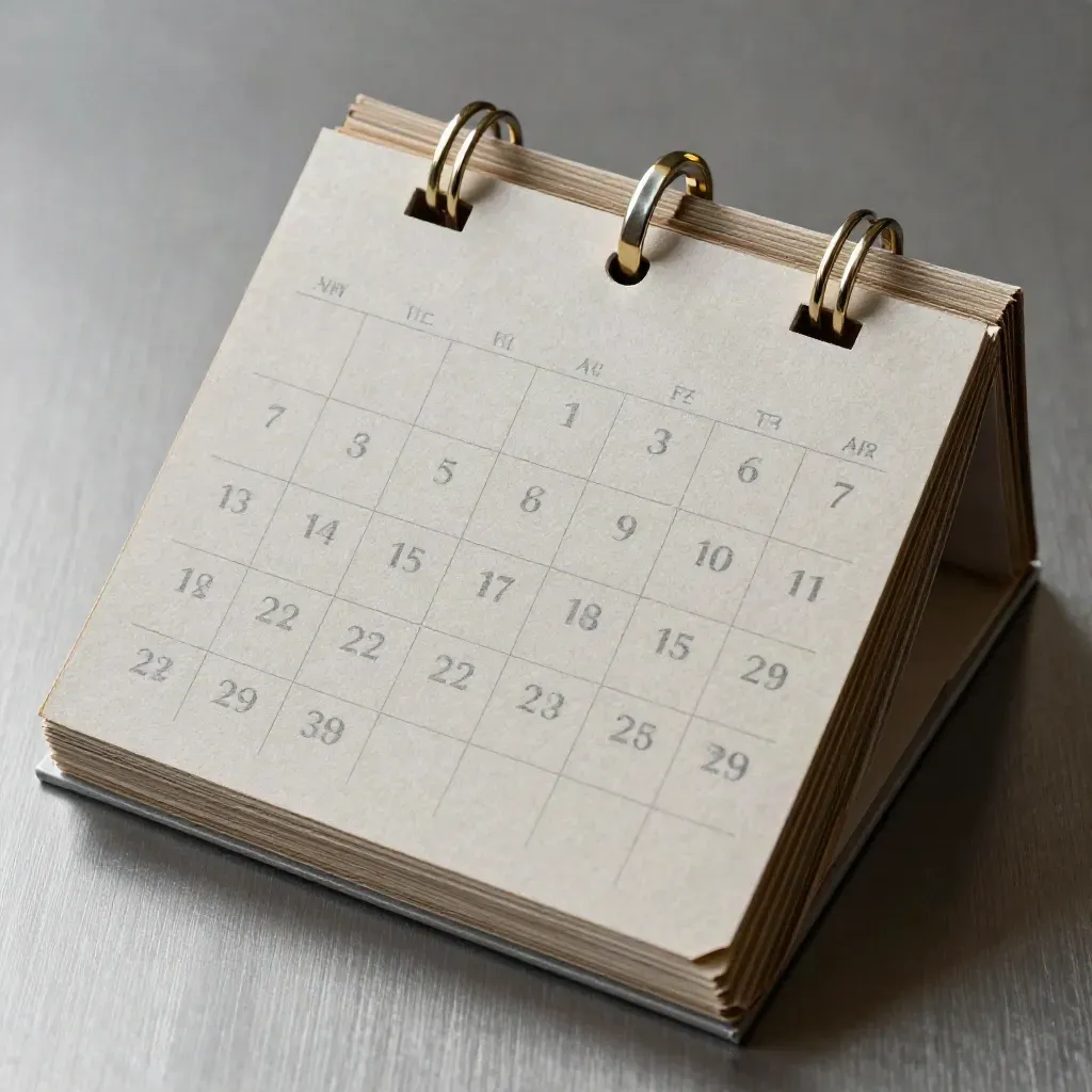 Calendario da social in cartoncino grezzo con elastico e clip, aperto a ventaglio su fondo metallico.