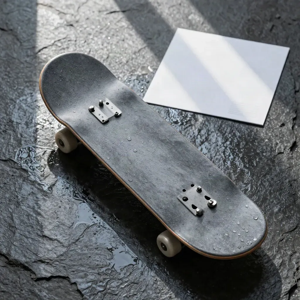 Deck Ads grafite su pietra bagnata con rondelle metalliche, luce tesa e riflessi sottili