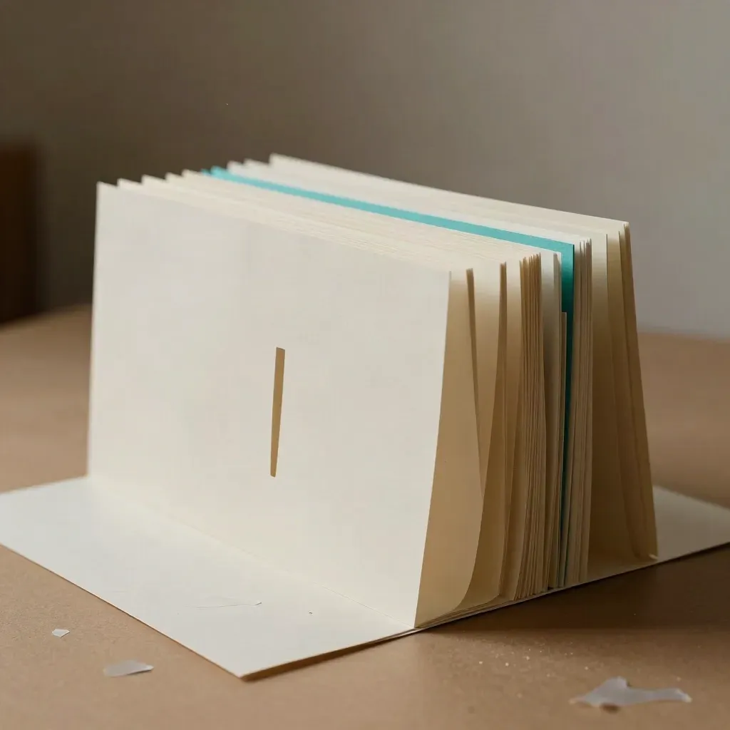 Maquette di landing page in carta avorio stratificata con accenti turchesi e luce morbida.