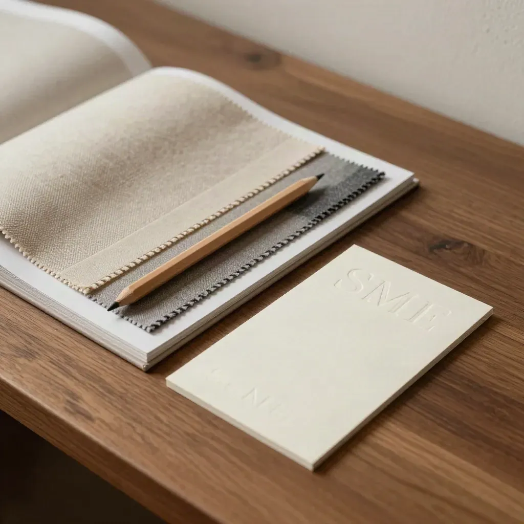 Kit di brand identity aperto con campioni tessili, strisce di carta e matita su legno caldo.
