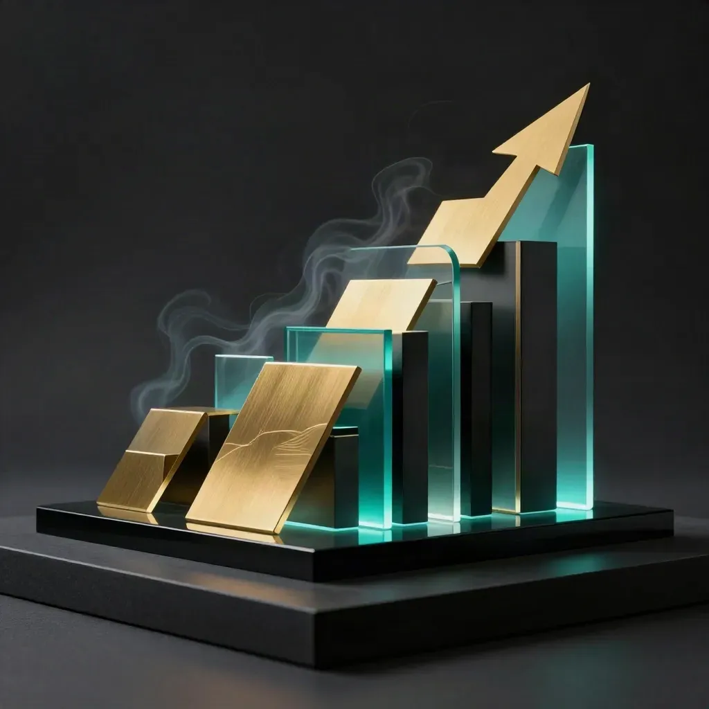 Bundle startup turchese e oro su base nera, in luce drammatica e haze.