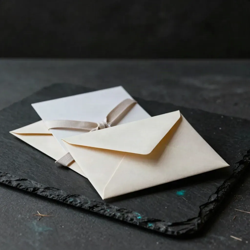 Tre buste avorio con nastro di lino e card benvenuto su base scura, luce cinematografica.