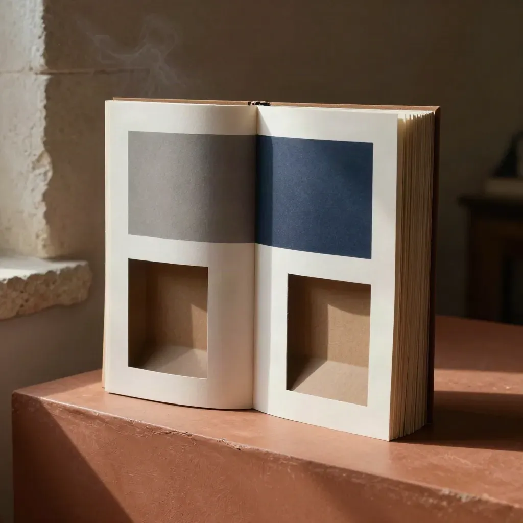 Maquette stratificata di landing page in cartoncino su basamento in terracotta, luce morbida laterale