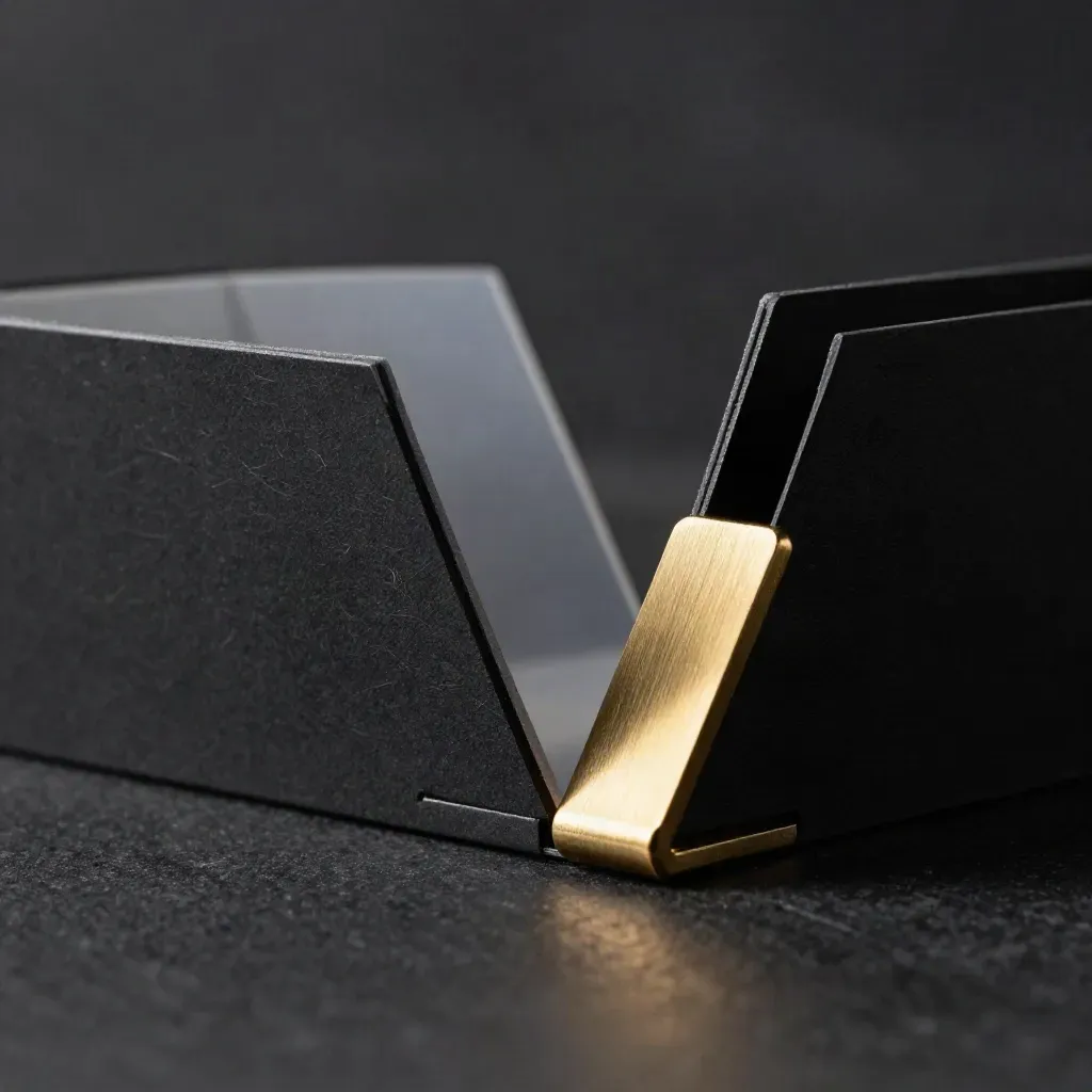Kit per audit conversioni con moduli neri, clip in ottone e supporto inclinato su fondo scuro.