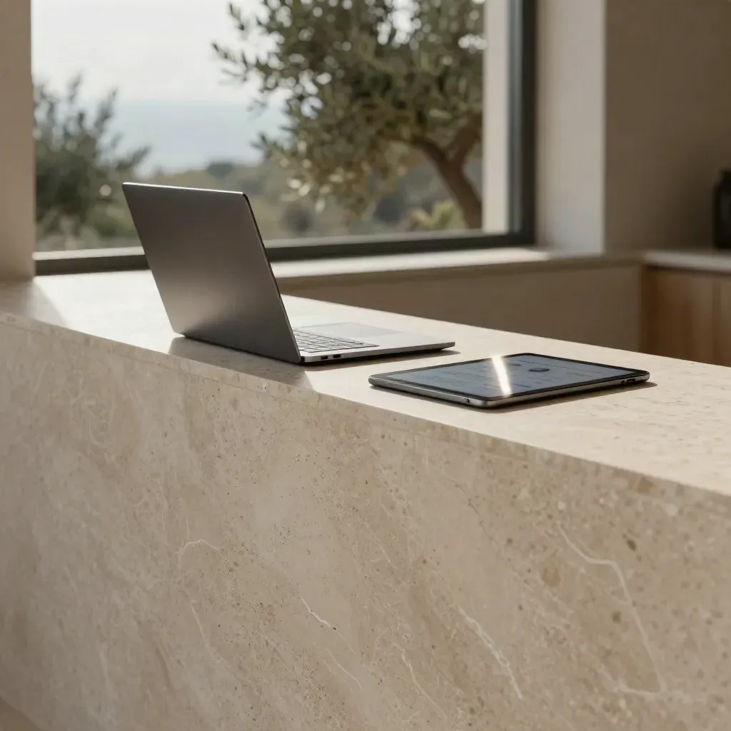 Piano di travertino in villa costiera con laptop e tablet, luce radente e atmosfera calma