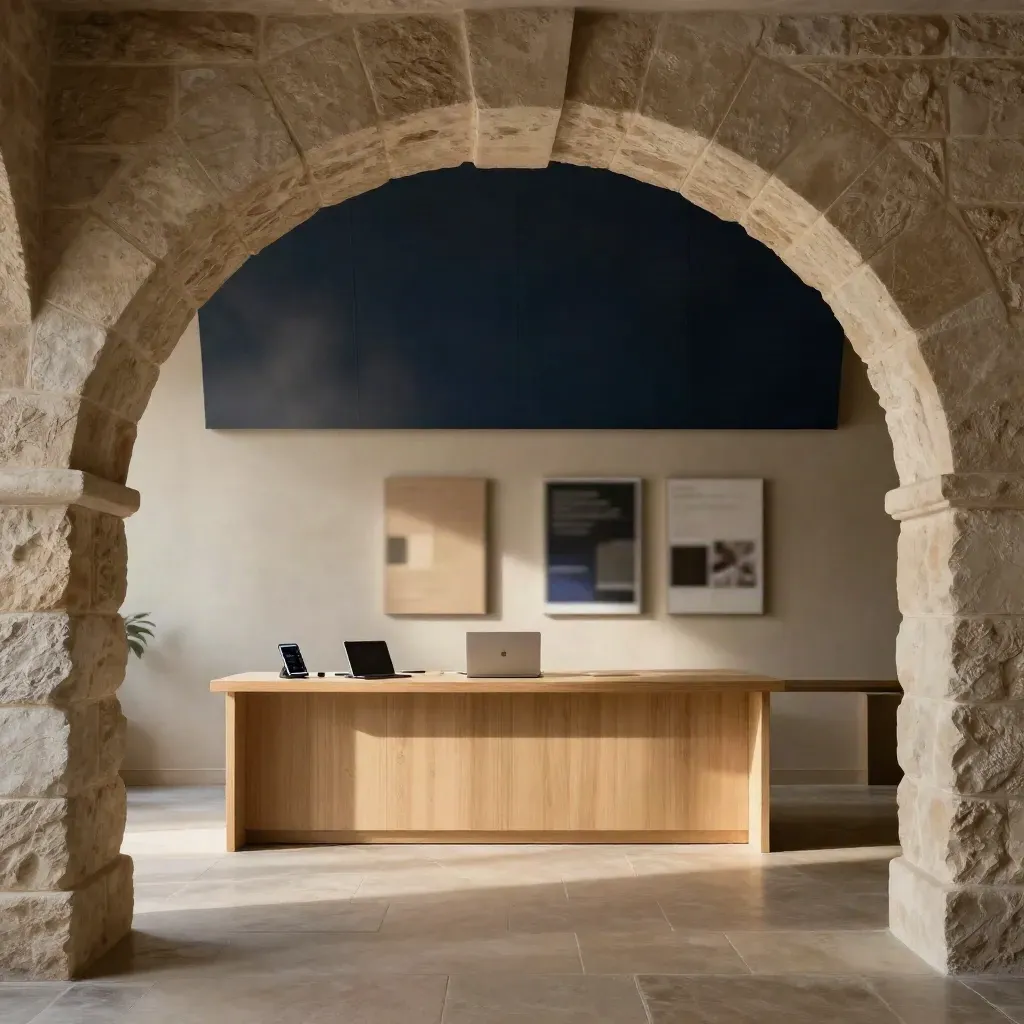Interno architettonico con arco in pietra e legno, luce radente e spazio calmo per il titolo