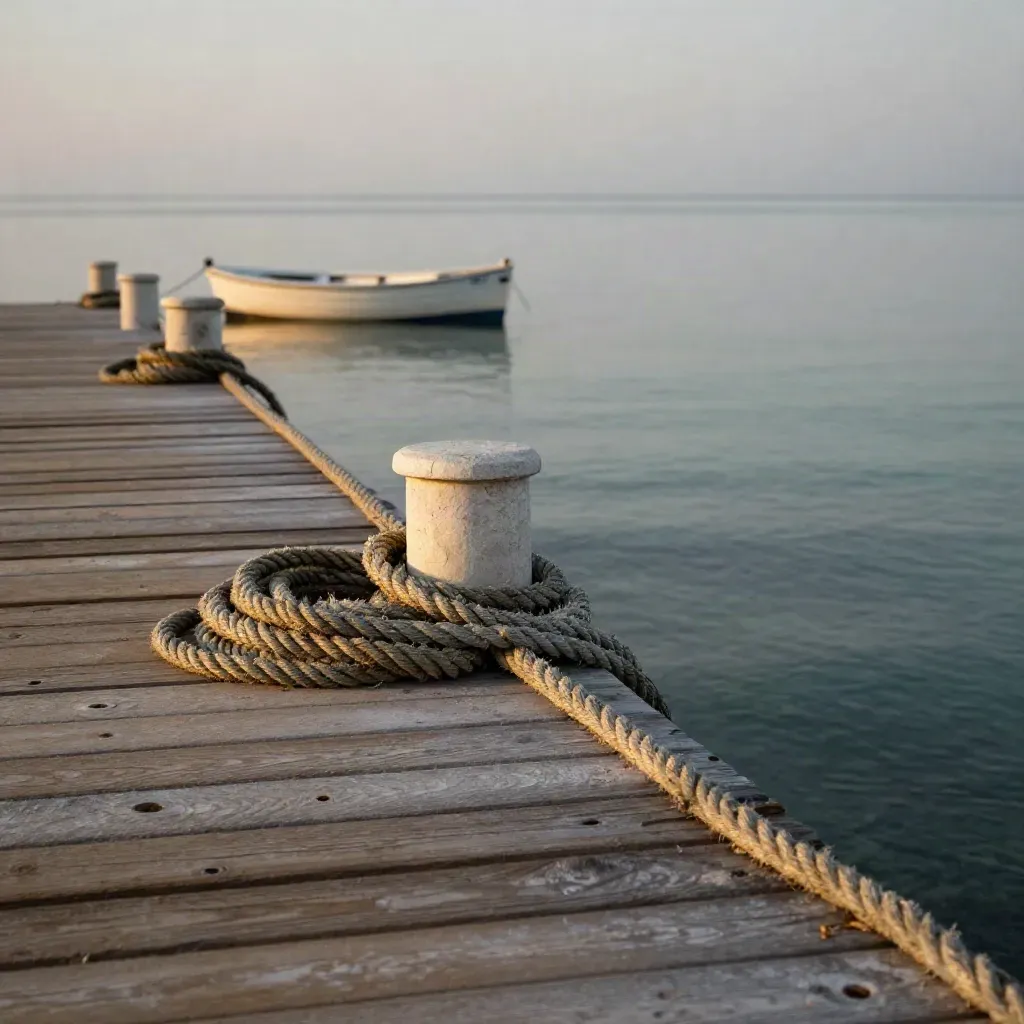 Molo costiero dorato con corde e battello sfocato, mare calmo e orizzonte velato
