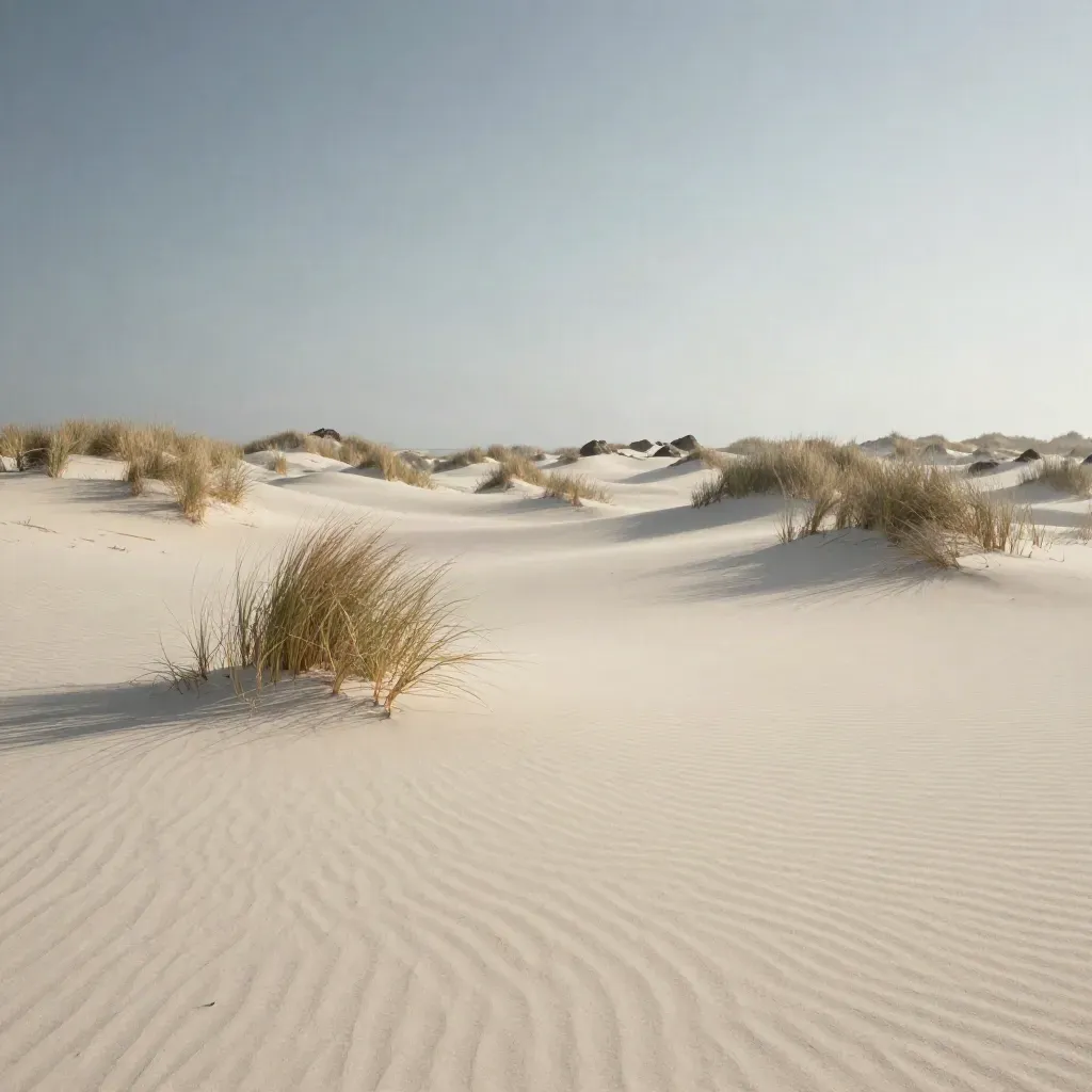 Dune chiare con erbe rade, rocce lontane e grande cielo vuoto nella foschia salina.