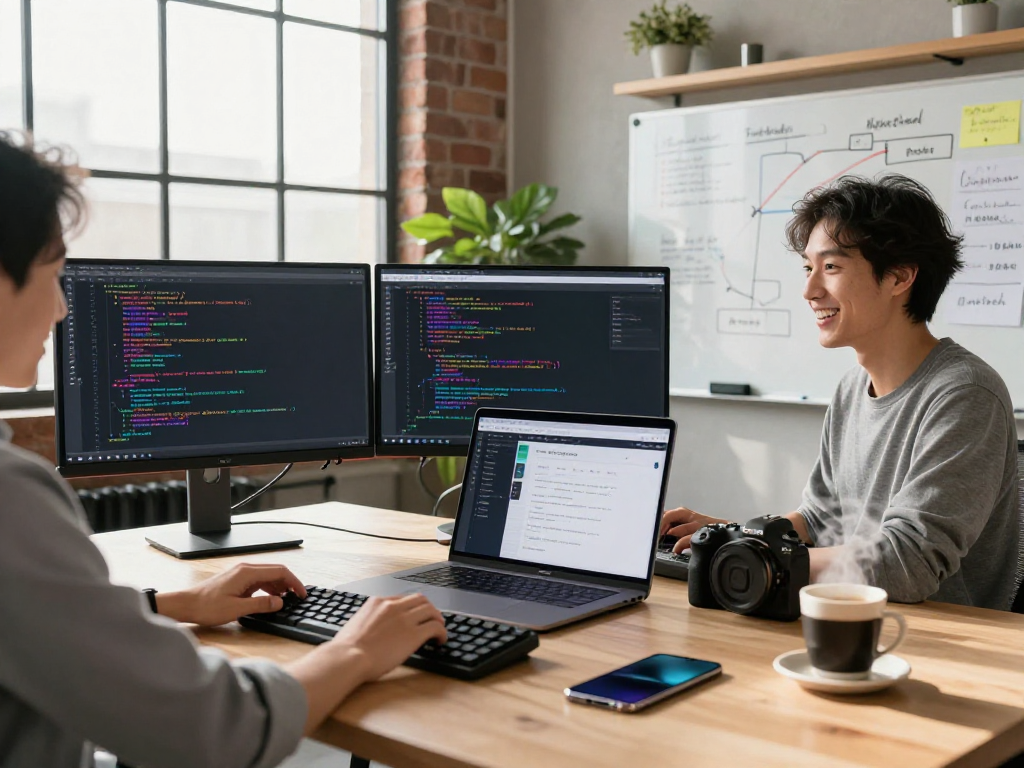 Juicy ai tech workspace with developer coding at dual monitors and modern gadgets