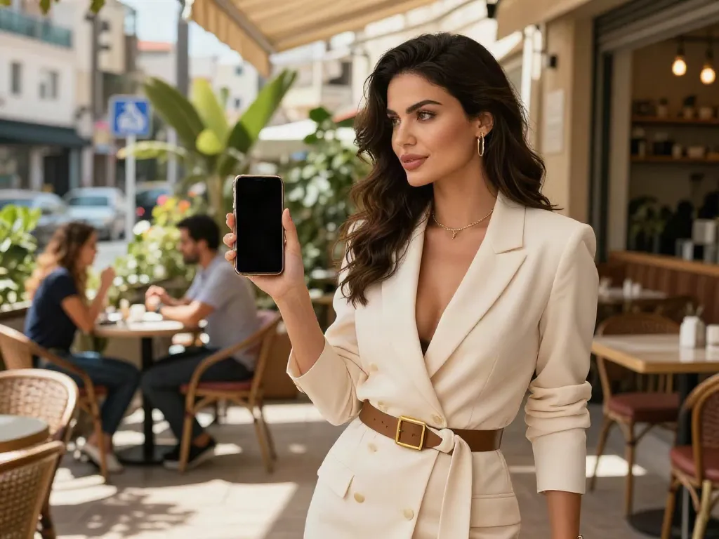 Stylish escort enjoying a café in Haifa, showcasing נערות ליווי בחיפה in an elegant urban setting.
