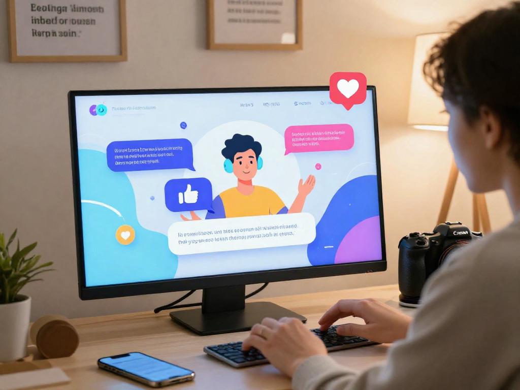 Engaging digital chat scene with user interacting with sluts ai character, vibrant interface and supportive workspace.