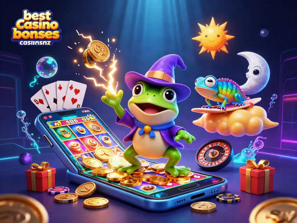 Engage with the best casino bonuses casinosnz as a wizard frog conjures golden coins in a vibrant casino scene.