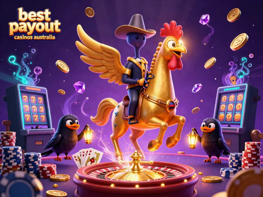 Engage with the best payout casinos Australia featuring vibrant golden rooster characters in a dynamic casino scene.